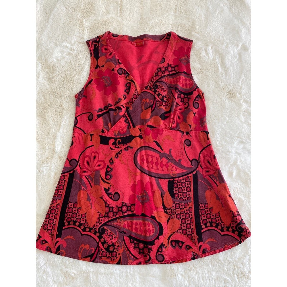 Tianello Womens Small Red Paisley Floral V-Neck Sleeveless Blouse‎ Tencel USA